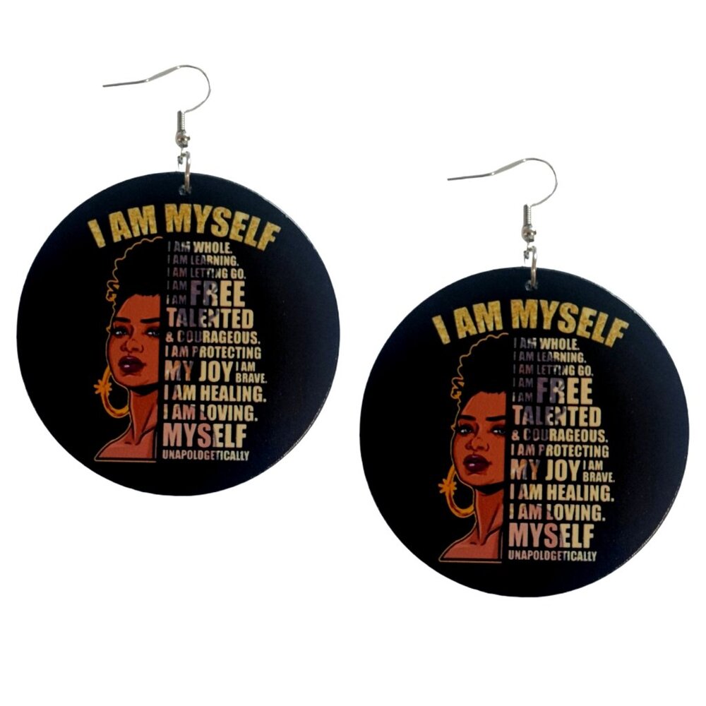 I AM MYSELF Whole Talented Healing Loving Medium Statement Dangle Wood Earrings